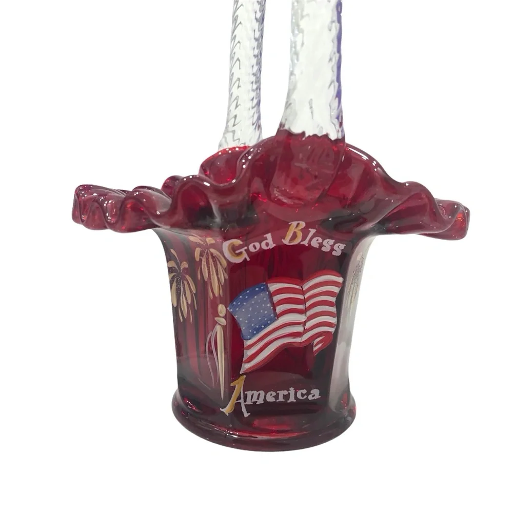 FENTON GOD BLESS AMERICA HAND PAINTED PATRIOTIC RED GLASS BASKET